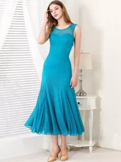 Robe de danse pour femme col rond sans manches en maille costumes de danse de salon
