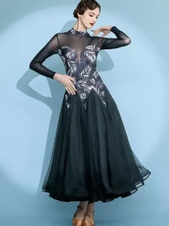 Robe de danse pour femme jupe trapèze imprimée costume de danse standard national manches longues robe de valse moderne robe de tango pour compétition