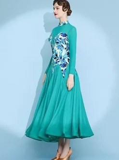 Robe de danse pour femme jupe trapèze imprimée costume de danse standard national manches longues robe de valse moderne robe de tango pour compétition