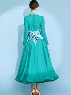 Robe de danse pour femme jupe trapèze imprimée costume de danse standard national manches longues robe de valse moderne robe de tango pour compétition