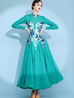 Robe de danse pour femme jupe trapèze imprimée costume de danse standard national manches longues robe de valse moderne robe de tango pour compétition