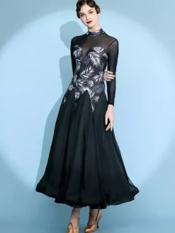 Robe de danse pour femme jupe trapèze imprimée costume de danse standard national manches longues robe de valse moderne robe de tango pour compétition