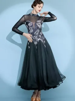 Robe de danse pour femme jupe trapèze imprimée costume de danse standard national manches longues robe de valse moderne robe de tango pour compétition