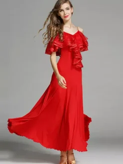 Robe de danse à volants pour femmes grande jupe trapèze costumes de danse de salon lyrique bretelles spaghetti vêtements de danse