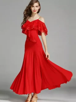 Robe de danse à volants pour femmes grande jupe trapèze costumes de danse de salon lyrique bretelles spaghetti vêtements de danse
