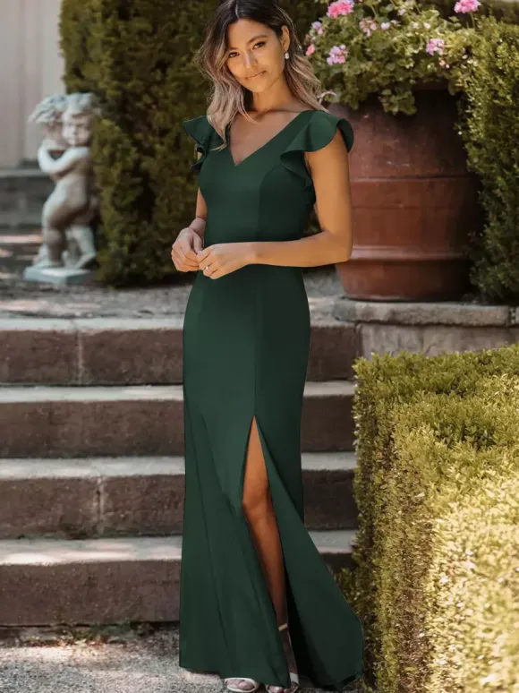 Robe de demoiselle d'honneur col V jupe fendu zip sur dos
