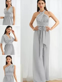 Robe de demoiselle d'honneur combinaison longueur au sol fermeture éclair robes formelles en mousseline de soie