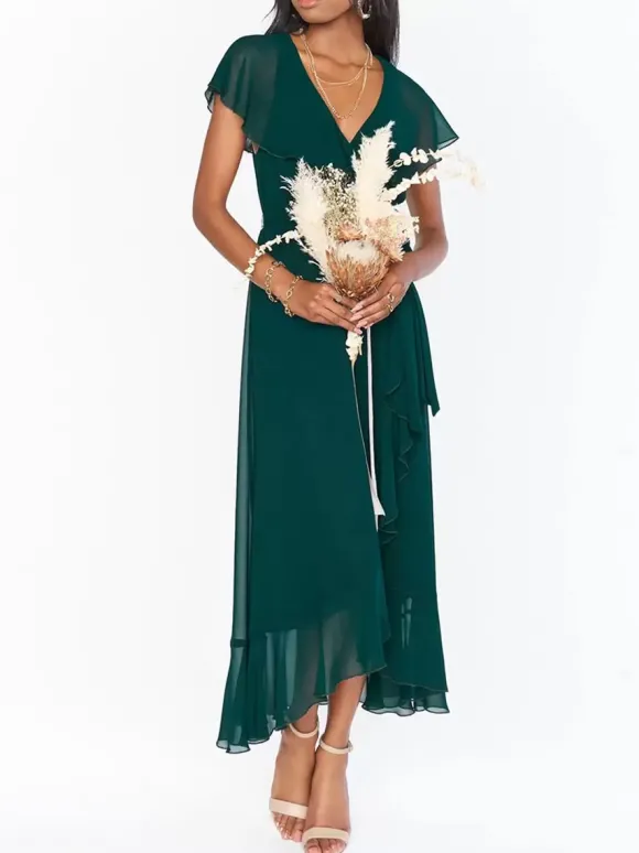 Robe de demoiselle d'honneur col V jupe à volants robe cocktail mariage