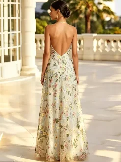 Robe de demoiselle d'honneur dos nu à broderies florales rose poudré coupe trapèze en tulle long robe de mariée longue en tulle.