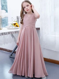 Robe de demoiselle d'honneur en mousseline de soie plissée col en V sans manches rose lotus