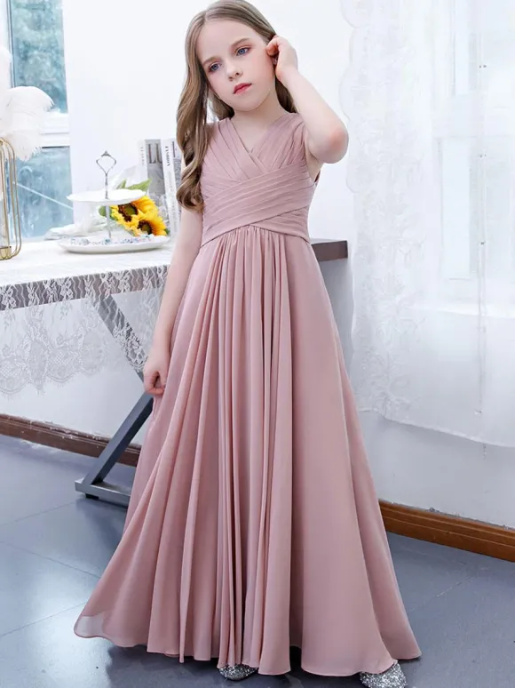 Robe de demoiselle d'honneur en mousseline de soie plissée col en V sans manches rose lotus