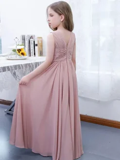 Robe de demoiselle d'honneur en mousseline de soie plissée col en V sans manches rose lotus