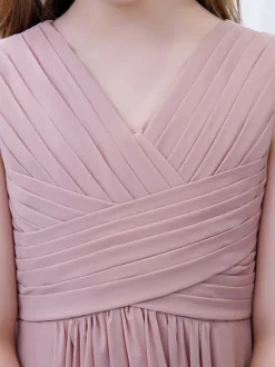 Robe de demoiselle d'honneur en mousseline de soie plissée col en V sans manches rose lotus