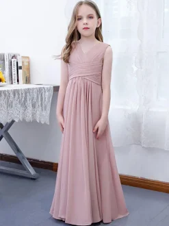 Robe de demoiselle d'honneur en mousseline de soie plissée col en V sans manches rose lotus