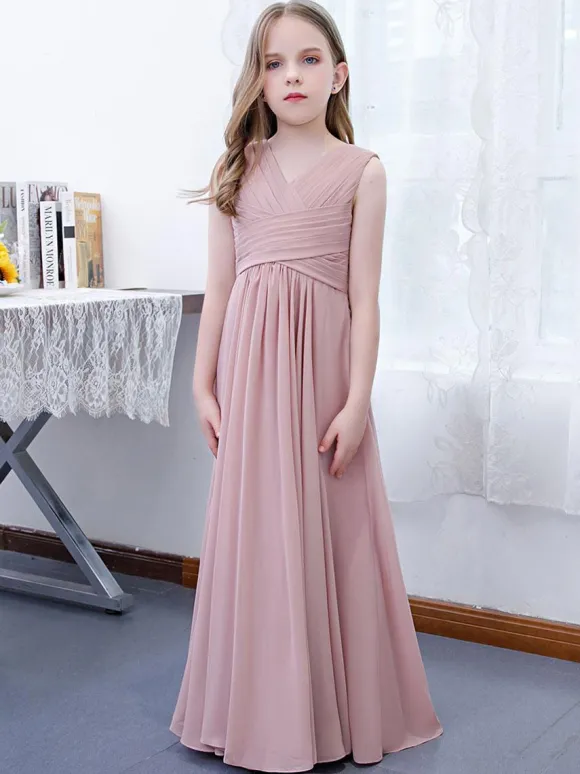 Robe de demoiselle d'honneur en mousseline de soie plissée col en V sans manches rose lotus