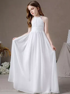Robe de demoiselle d'honneur en mousseline de soie découpée dos nu sans manches ivoire