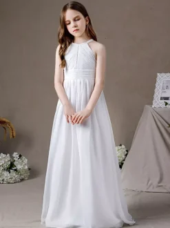 Robe de demoiselle d'honneur en mousseline de soie découpée dos nu sans manches ivoire