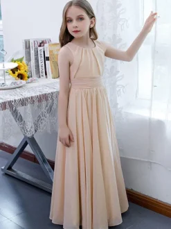 Robe de demoiselle d'honneur en mousseline de soie plissée col bijou sans manches champagne