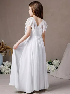 Robe de demoiselle d'honneur en dentelle à manches courtes en mousseline de soie longue robe de soirée