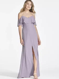 Robe de demoiselle d'honneur en mousseline de soie rose épaules dénudées robes longues fendues à volants