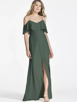 Robe de demoiselle d'honneur en mousseline de soie rose épaules dénudées robes longues fendues à volants