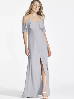 Robe de demoiselle d'honneur en mousseline de soie rose épaules dénudées robes longues fendues à volants