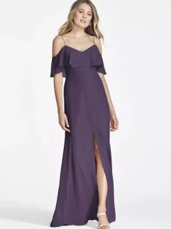 Robe de demoiselle d'honneur en mousseline de soie rose épaules dénudées robes longues fendues à volants