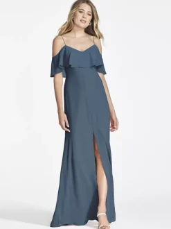 Robe de demoiselle d'honneur en mousseline de soie rose épaules dénudées robes longues fendues à volants