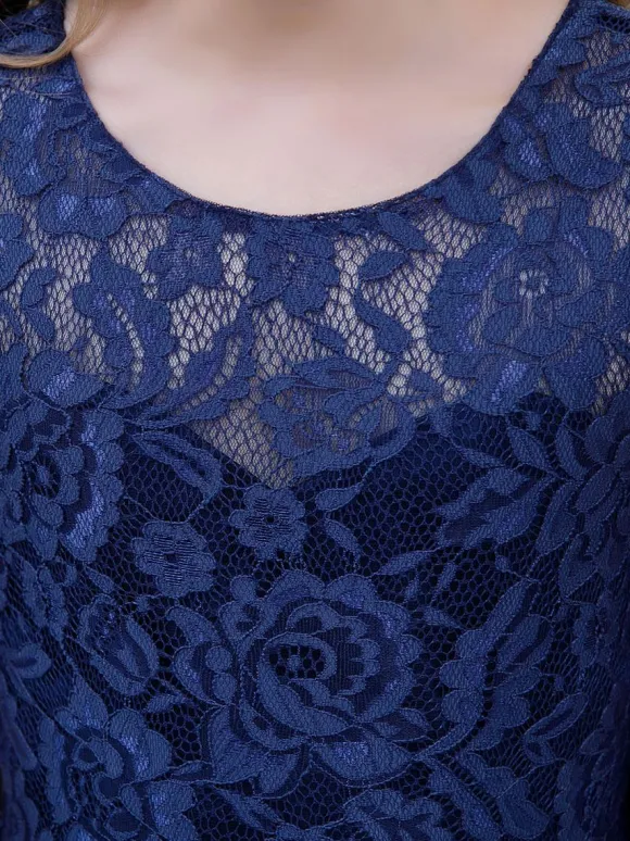Robe de demoiselle d'honneur fille dentelle dentelle col bijou sans manches bleu marine foncé