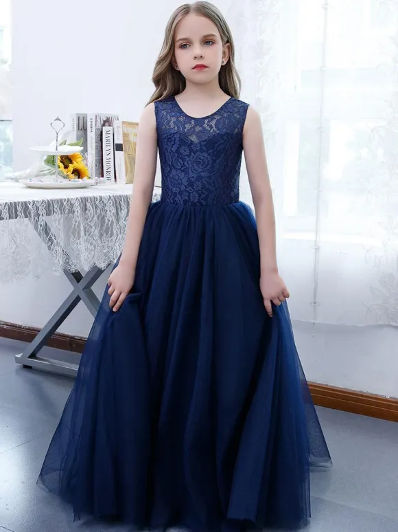 Robe de demoiselle d'honneur fille dentelle dentelle col bijou sans manches bleu marine foncé