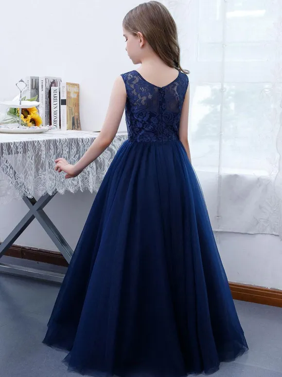 Robe de demoiselle d'honneur fille dentelle dentelle col bijou sans manches bleu marine foncé