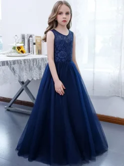 Robe de demoiselle d'honneur fille dentelle dentelle col bijou sans manches bleu marine foncé