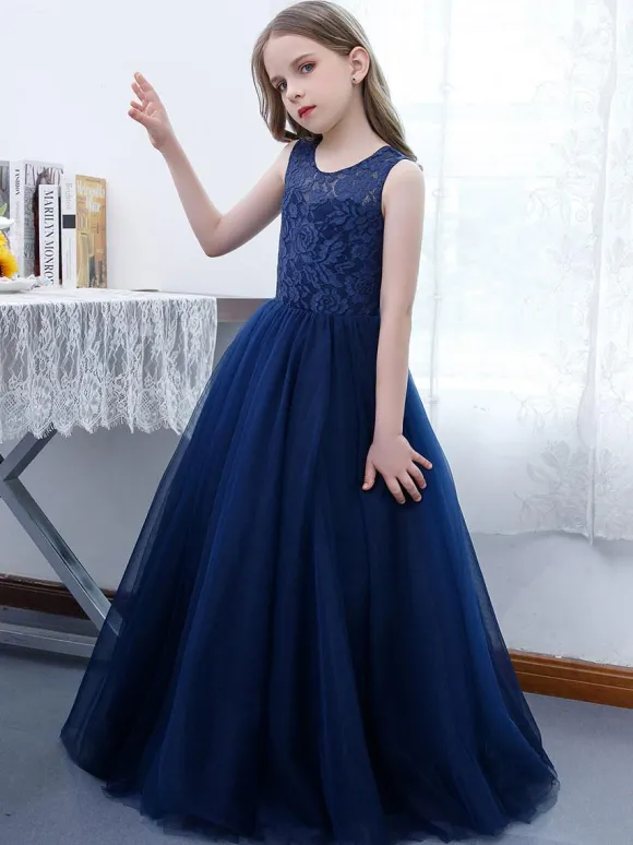 Robe de demoiselle d'honneur fille dentelle dentelle col bijou sans manches bleu marine foncé