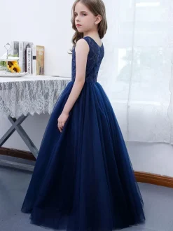 Robe de demoiselle d'honneur fille dentelle dentelle col bijou sans manches bleu marine foncé