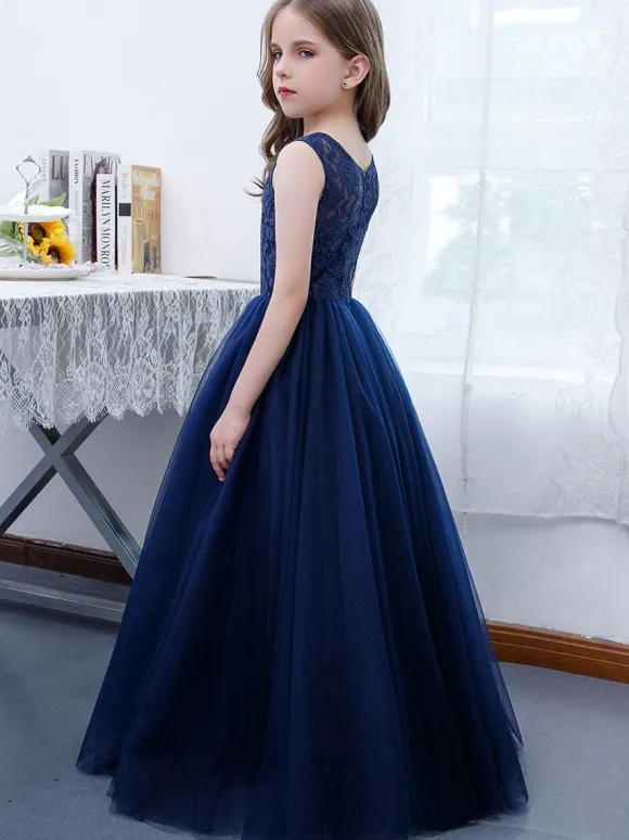 Robe de demoiselle d'honneur fille dentelle dentelle col bijou sans manches bleu marine foncé