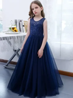 Robe de demoiselle d'honneur fille dentelle dentelle col bijou sans manches bleu marine foncé