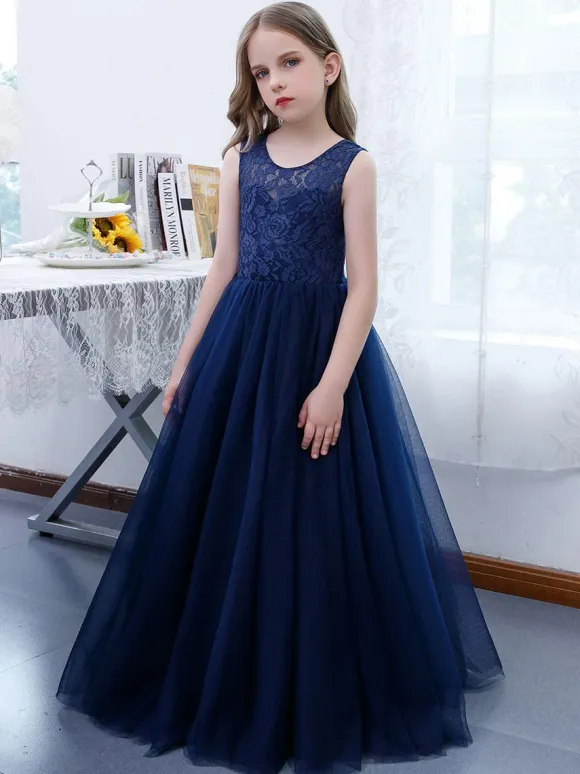 Robe de demoiselle d'honneur fille dentelle dentelle col bijou sans manches bleu marine foncé