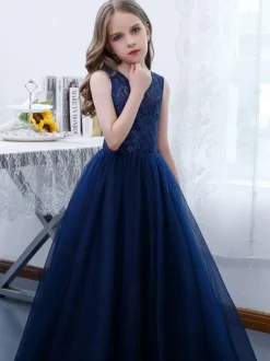 Robe de demoiselle d'honneur fille dentelle dentelle col bijou sans manches bleu marine foncé
