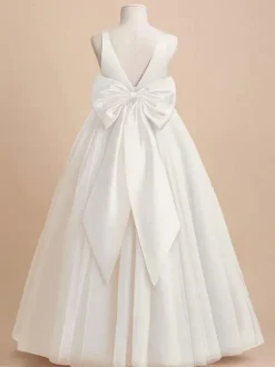 Robe de demoiselle d'honneur ivoire Tulle n艙uds col en V sans manches robes de soirée filles