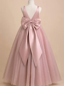 Robe de demoiselle d'honneur ivoire Tulle n艙uds col en V sans manches robes de soirée filles