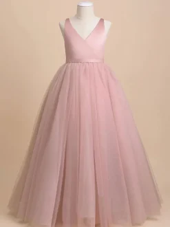 Robe de demoiselle d'honneur ivoire Tulle n艙uds col en V sans manches robes de soirée filles