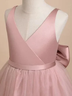 Robe de demoiselle d'honneur ivoire Tulle n艙uds col en V sans manches robes de soirée filles