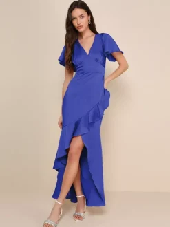 Robe de demoiselle d'honneur rose col en V volants asymétrique ligne a robe longue de bal