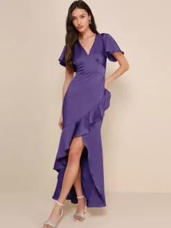 Robe de demoiselle d'honneur rose col en V volants asymétrique ligne a robe longue de bal