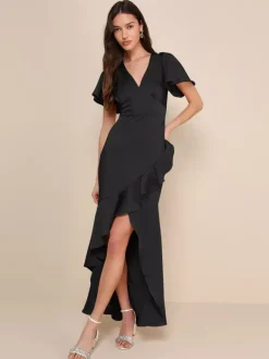 Robe de demoiselle d'honneur rose col en V volants asymétrique ligne a robe longue de bal