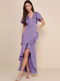 Robe de demoiselle d'honneur rose col en V volants asymétrique ligne a robe longue de bal