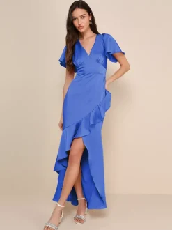 Robe de demoiselle d'honneur rose col en V volants asymétrique ligne a robe longue de bal