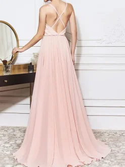Robe de demoiselle d'honneur robe de cocktaille de mariage col V à bretelle jupe fendue plissée