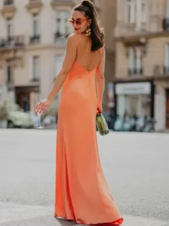 Robe de demoiselle d'honneur robe cocktail mariage en soie élastique à bretelle jupe fendue