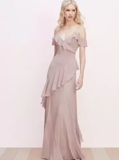 Robe de demoiselle d'honneur à volants bretelles spaghetti dos nu ligne a robes de bal en mousseline de soie
